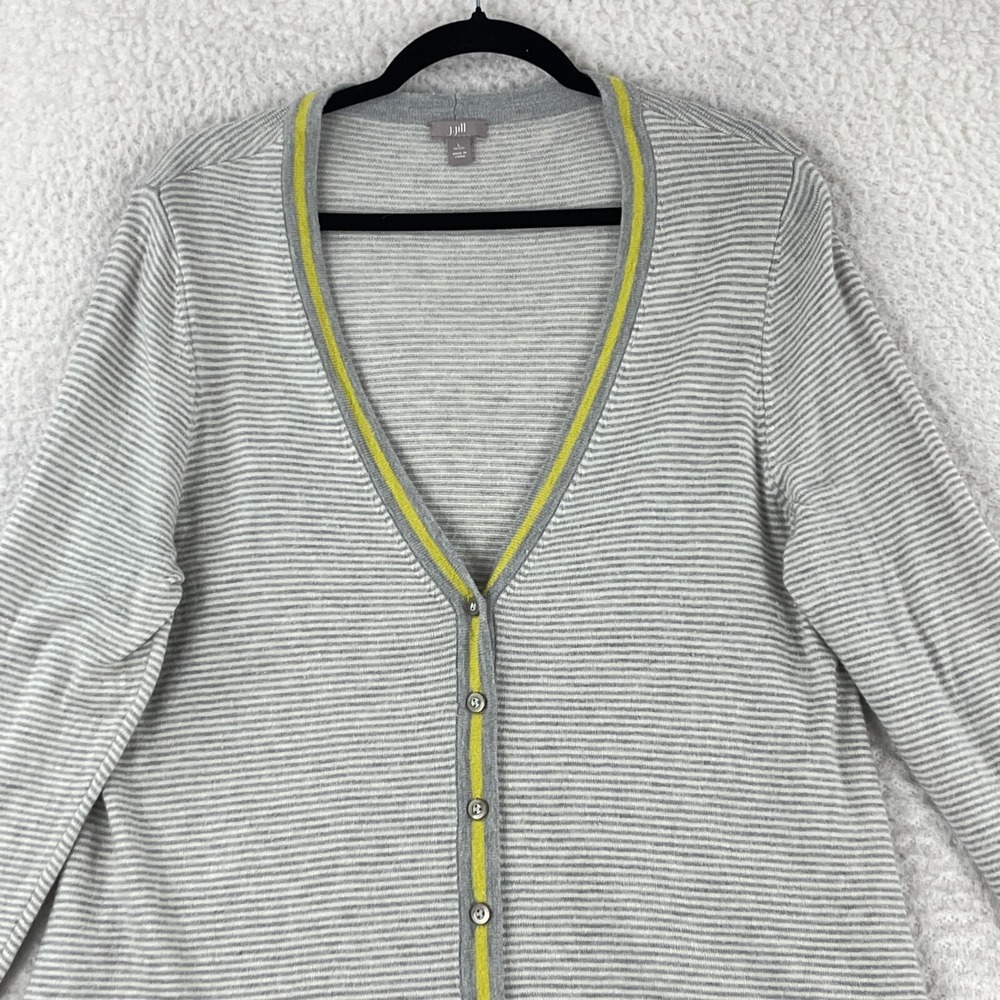 J. Jill Cardigan Sweater Womens Large Petite Gray‎ White Stripe Long Sleeve Knit - Picture 2 of 13